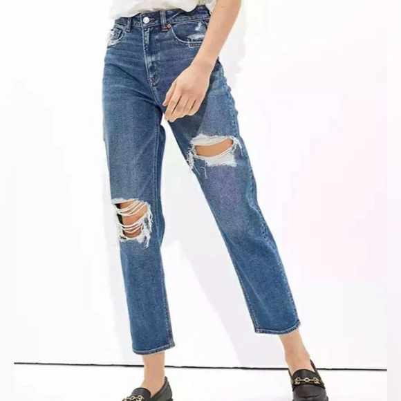 American Eagle Outfitters Denim - American Eagle Mom Straight Jeans Distressed High Rise Stretch Denim Size 2